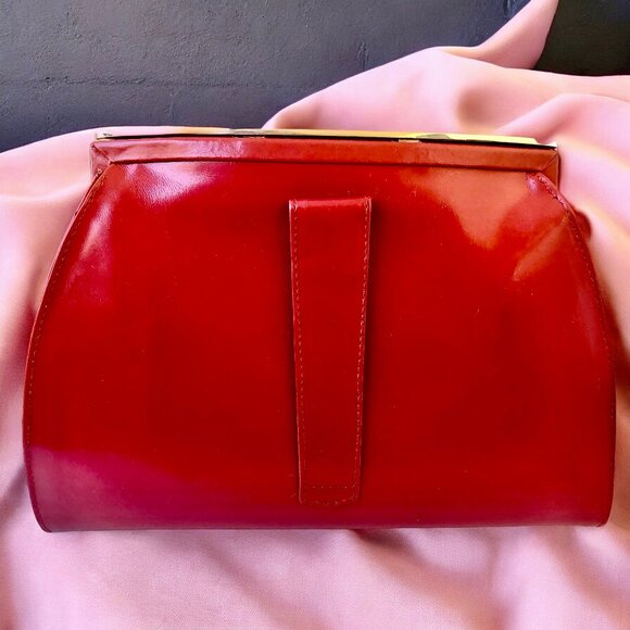 Perry Ellis Red Leather Vintage Clutch Handbag Chrome Croc Print Italy - Picture 4 of 15
